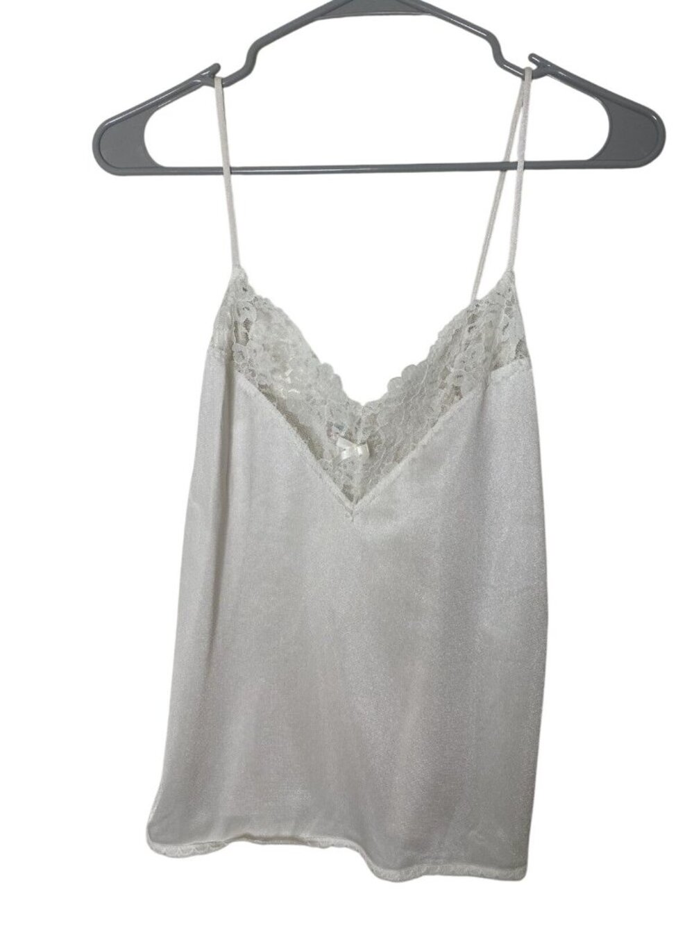 Vintage Sliperfection Ivory Nylon Satin Floral Lace Bow Camisole Top SM USA Made